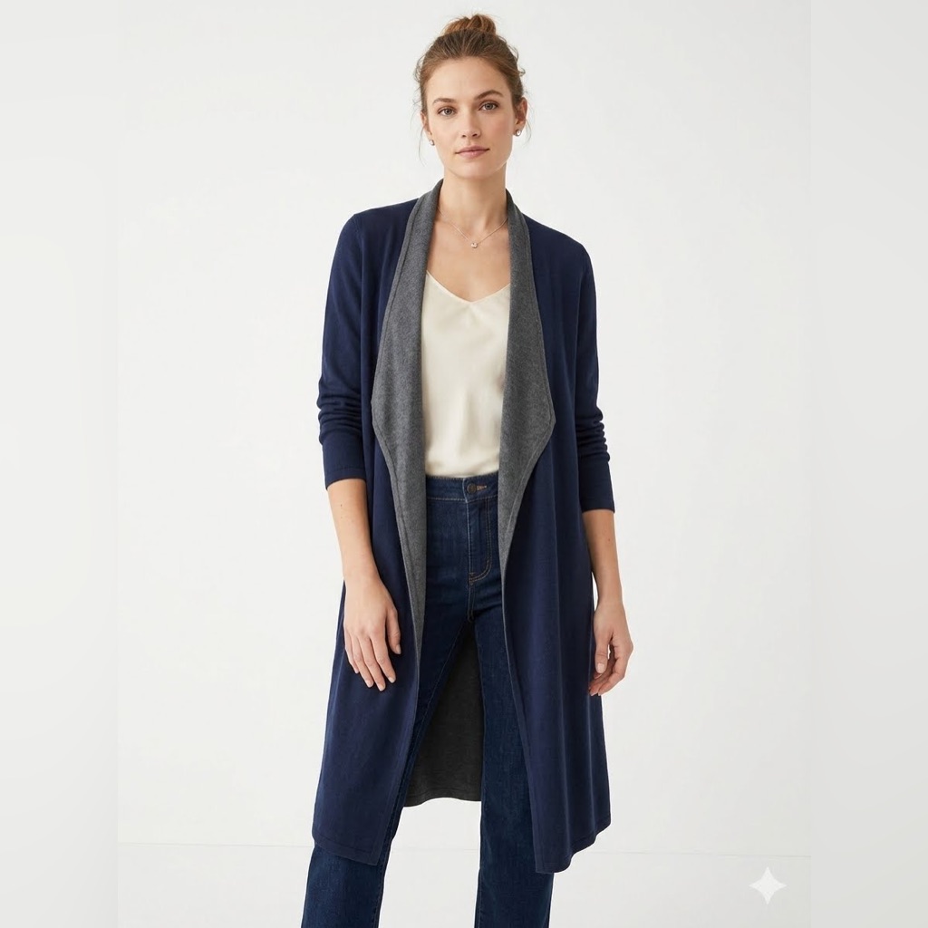 J.Jill Womenâs Large Long Sleeve Cascade Front Long Open Cardigan In Navy Blue